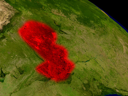 Paraguay from space in red. 3D illustration with highly detailed realistic planet surface.の写真素材