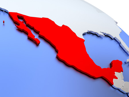 Map of Mexico on elegant silver 3D globe with blue oceans. 3D illustrationの写真素材