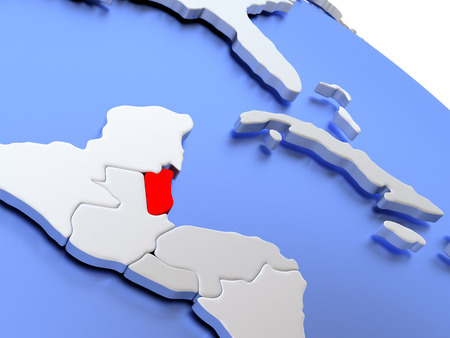 Map of Belize on elegant silver 3D globe with blue oceans. 3D illustrationの写真素材