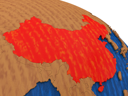 Map of China on wooden globe. 3D illustrationの写真素材