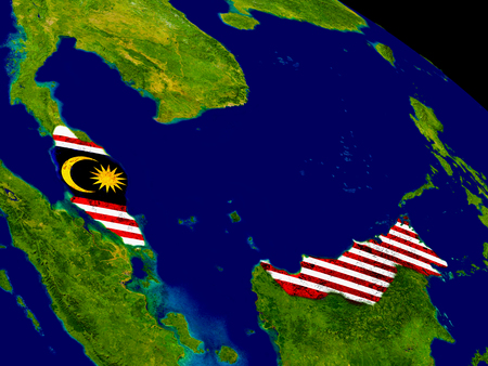 Map of Malaysia with embedded flag on planet surface. 3D illustration.の写真素材