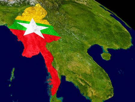 Map of Myanmar with embedded flag on planet surface. 3D illustration.の写真素材