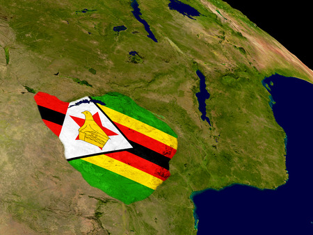 Map of Zimbabwe with embedded flag on planet surface. 3D illustration.の写真素材