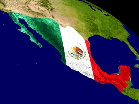 Map of Mexico with embedded flag on planet surface. 3D illustration.の写真素材