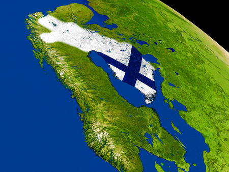 Map of Finland with embedded flag on planet surface. 3D illustration.の写真素材