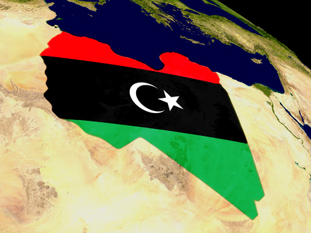 Map of Libya with embedded flag on planet surface. 3D illustration.の写真素材