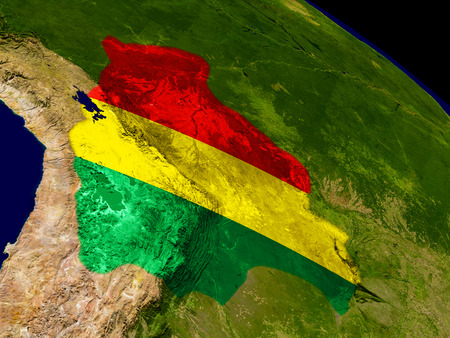 Map of Bolivia with embedded flag on planet surface. 3D illustration.の写真素材