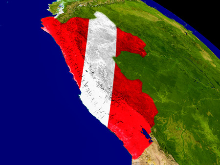 Map of Peru with embedded flag on planet surface. 3D illustration.の写真素材
