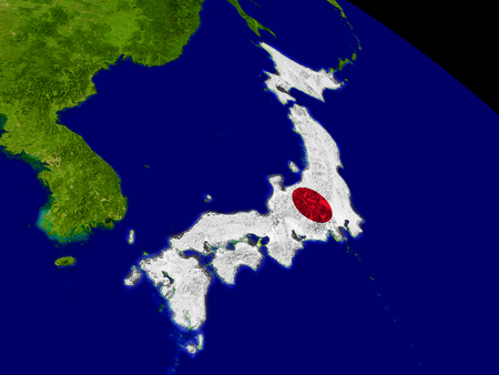 Map of Japan with embedded flag on planet surface. 3D illustration.の写真素材