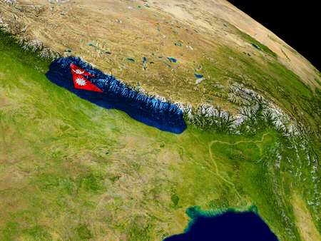 Map of Nepal with embedded flag on planet surface. 3D illustration.の写真素材