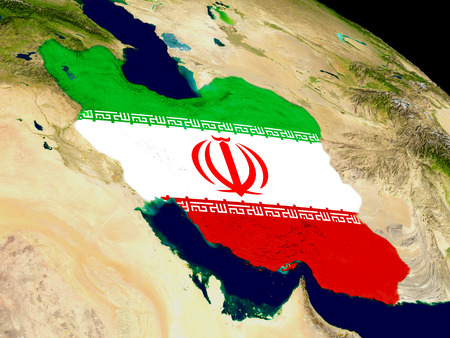 Map of Iran with embedded flag on planet surface. 3D illustration.の写真素材