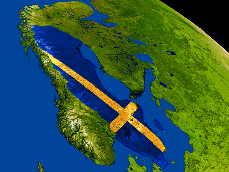 Map of Sweden with embedded flag on planet surface. 3D illustration. Elements of this image furnished by NASA.の写真素材