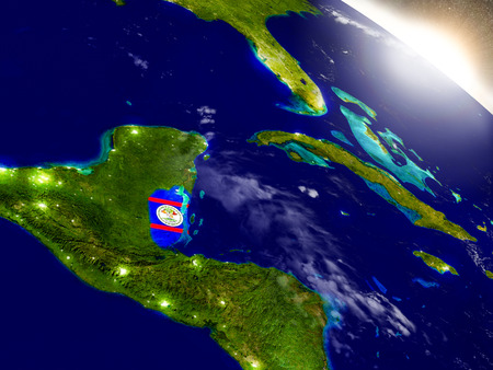 Belize with embedded flag on planet surface during sunrise. 3D illustration with highly detailed realistic planet surface and visible city lights.の写真素材