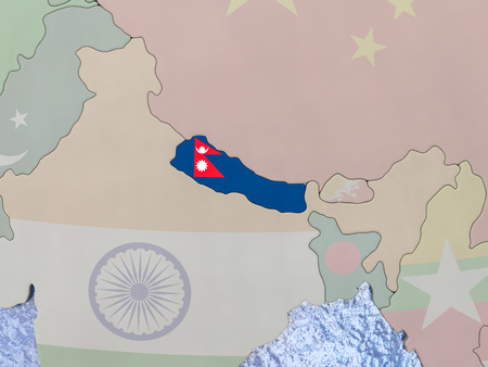 Map of Nepal with national flag on political globe with realistic water. 3D illustration