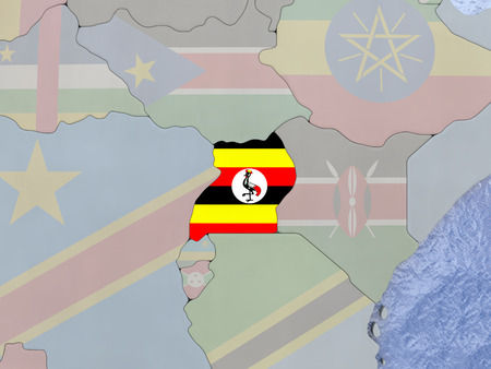 Map of Uganda with national flag on political globe with realistic water. 3D illustrationの写真素材