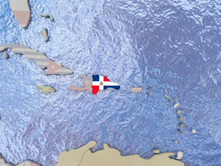 Map of Dominican Republic with national flag on political globe with realistic water. 3D illustrationの写真素材
