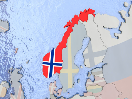 Map of Norway with national flag on political globe with realistic water. 3D illustrationの写真素材