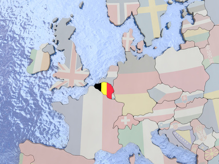 Map of Belgium with national flag on political globe with realistic water. 3D illustrationの写真素材