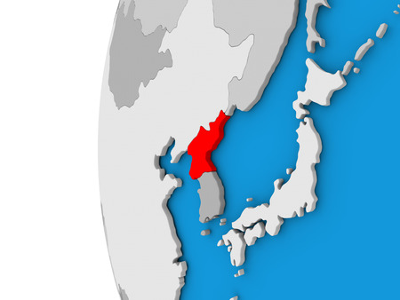 3D map of North Korea focused in red on simple globe. 3D illustrationの写真素材
