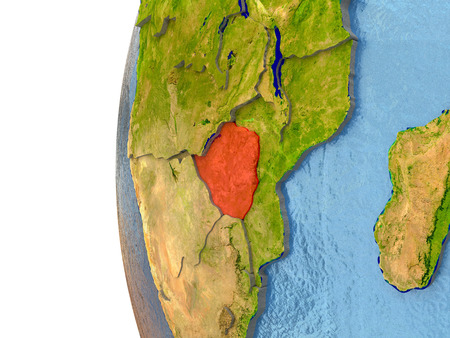 Zimbabwe in red on a globe with reflective ocean waters. 3D illustration with highly detailed realistic planet surface.の写真素材