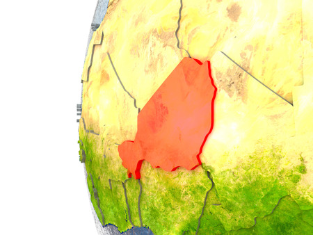 Niger in red on a globe with reflective ocean waters. 3D illustration with highly detailed realistic planet surface.の写真素材