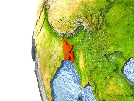 Bangladesh in red on a globe with reflective ocean waters. 3D illustration with highly detailed realistic planet surface.の写真素材