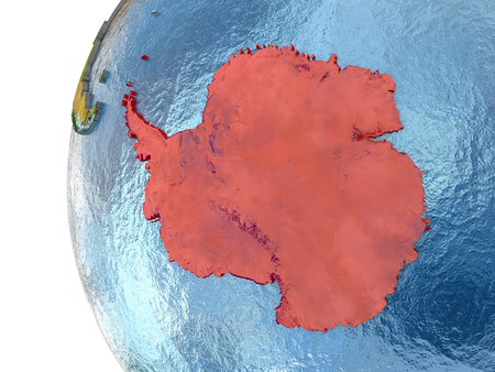 Antarctica in red on a globe with reflective ocean waters. 3D illustration with highly detailed realistic planet surface.の写真素材