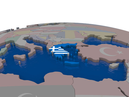 Flag of Greece on globe. Official flag colours, accurate country borders. 3D illustrationの写真素材