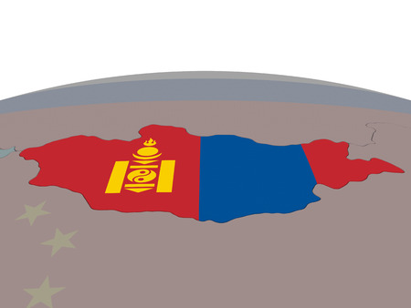 Flag of Mongolia on globe. Official flag colours, accurate country borders. 3D illustrationの写真素材