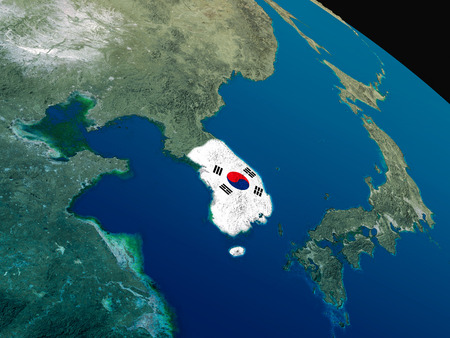 South Korea with embedded national flag as if seen from Earth's orbit in space. 3D illustration with highly detailed realistic planet surface.の写真素材
