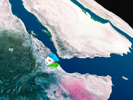 Djibouti with embedded national flag as if seen from Earth's orbit in space. 3D illustration with highly detailed realistic planet surface.の写真素材