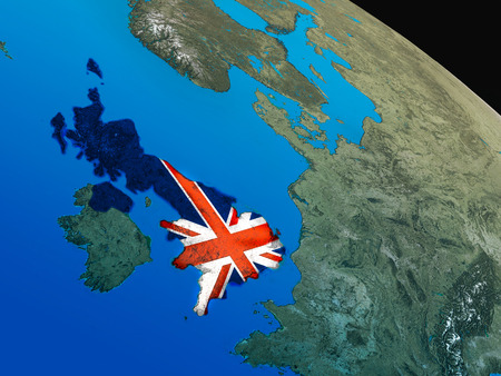 United Kingdom with embedded national flag as if seen from Earth's orbit in space. 3D illustration with highly detailed realistic planet surface.の写真素材