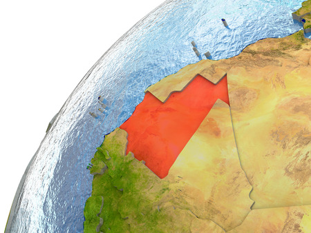 Mauritania highlighted in red with surrounding region. 3D illustration with highly detailed realistic planet surface and reflective ocean waters.の写真素材