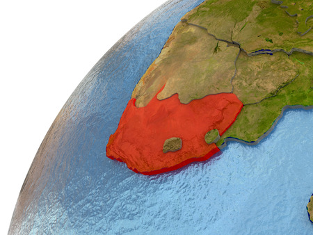 South Africa highlighted in red with surrounding region. 3D illustration with highly detailed realistic planet surface and reflective ocean waters.の写真素材