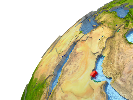 Qatar highlighted in red with surrounding region. 3D illustration with highly detailed realistic planet surface and reflective ocean waters.の写真素材