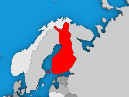 Map of Finland on globe highlighted in red. 3D illustrationの写真素材