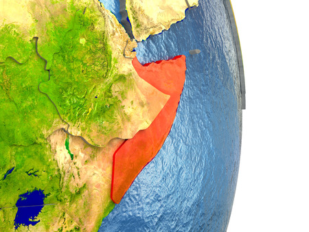 Somalia in red with surrounding region. 3D illustration with highly detailed realistic planet surface.の写真素材