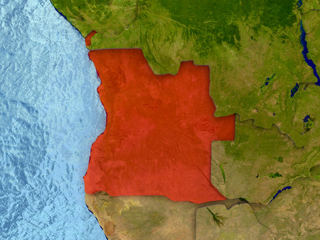 Top-down view of Angola highlighted in red with surrounding region. 3D illustration with highly detailed realistic planet surface.の写真素材