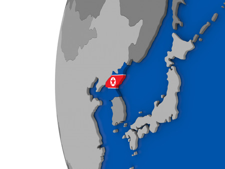Map of North Korea with its flag on globe. 3D illustrationの写真素材