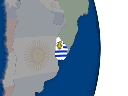 Map of Uruguay with its flag on globe. 3D illustrationの写真素材