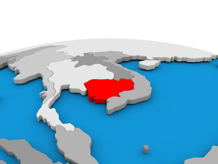 Map of Cambodia highlighted in red on simple globe. 3D illustrationの写真素材