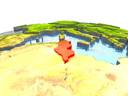 Tunisia highlighted in red on globe with surrounding region. 3D illustration with highly detailed realistic planet surface.の写真素材