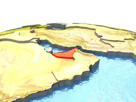 United Arab Emirates highlighted in red on globe with surrounding region. 3D illustration with highly detailed realistic planet surface.の写真素材