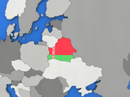 Map of Belarus with embedded national flag on globe, top-down view. 3D illustrationの写真素材