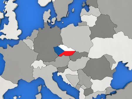 Map of Czech republic with embedded national flag on globe, top-down view. 3D illustrationの写真素材
