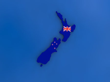 Map of New Zealand with embedded national flag on globe, top-down view. 3D illustrationの写真素材