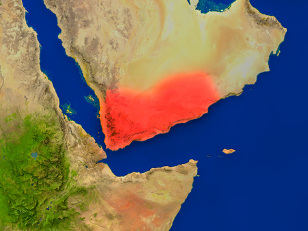 Top-down view of Yemen hightlighted in red as seen from Earth's orbit in space. 3D illustration with highly detailed realistic planet surface.の写真素材