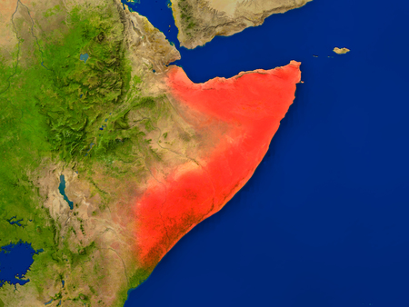 Top-down view of Somalia hightlighted in red as seen from Earth's orbit in space. 3D illustration with highly detailed realistic planet surface. Elements of this image furnished by NASA.の写真素材