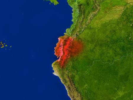 Top-down view of Ecuador hightlighted in red as seen from Earth's orbit in space. 3D illustration with highly detailed realistic planet surface. Elements of this image furnished by NASA.の写真素材