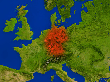 Top-down view of Germany hightlighted in red as seen from Earth's orbit in space. 3D illustration with highly detailed realistic planet surface.の写真素材